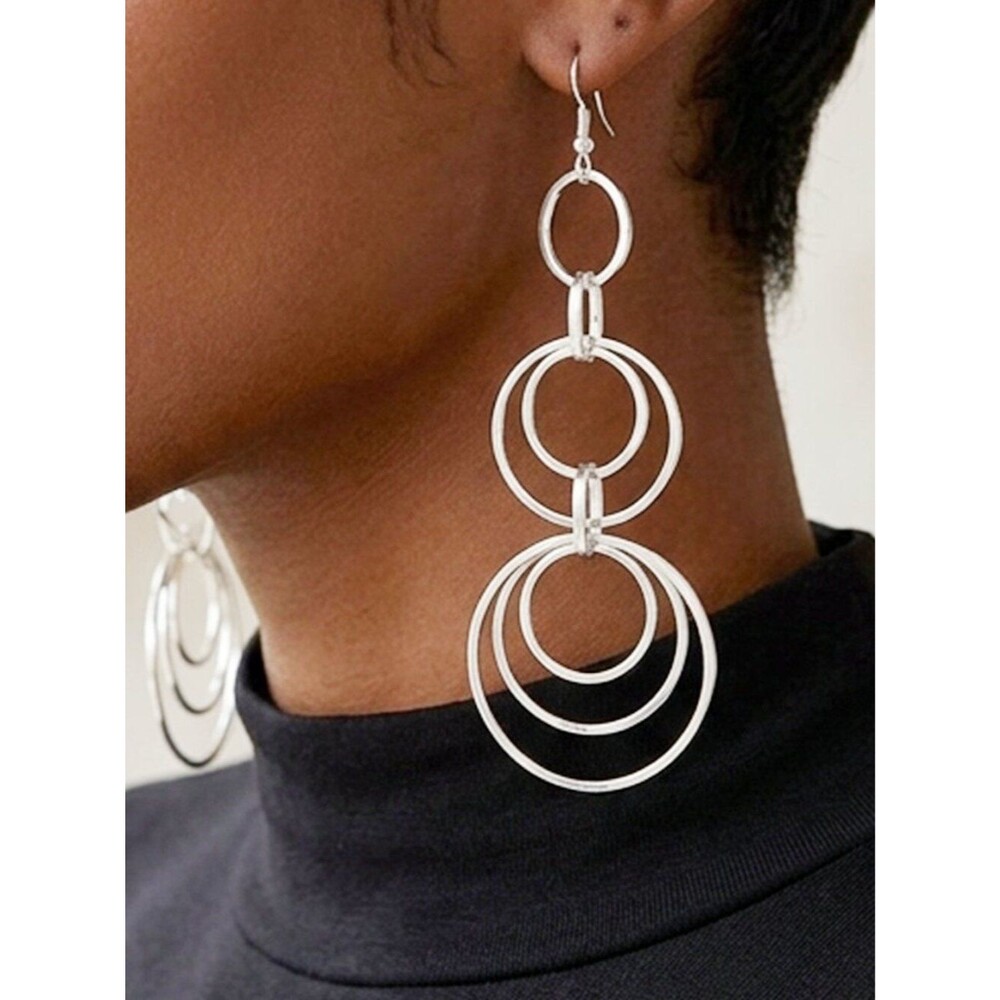 Modern Silver Nested Multi-Circle Drop Statement Earrings
